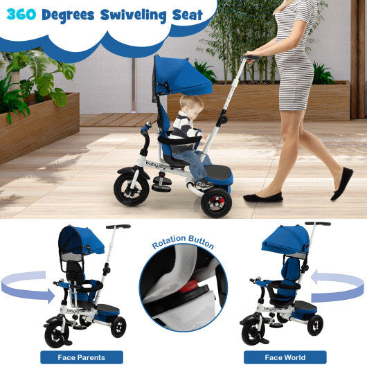 Folding Tricycle Baby Stroller with Reversible Seat and Adjustable Canopy-Blue - Color: Blue - Minihomy