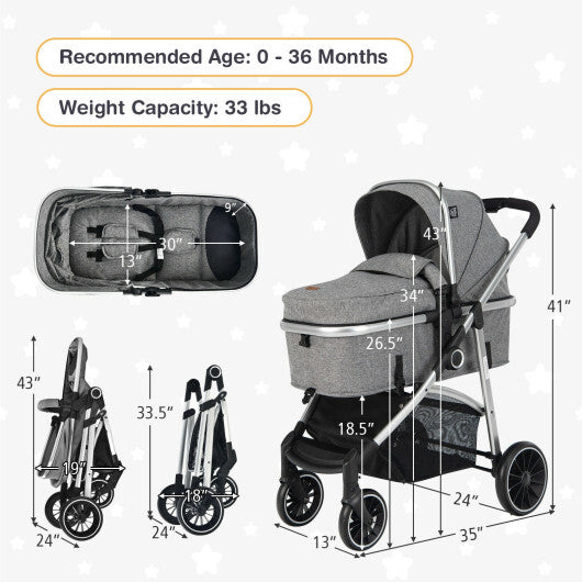 2-in-1 Convertible Baby Stroller with Reversible Seat-Gray - Color: Gray - Minihomy