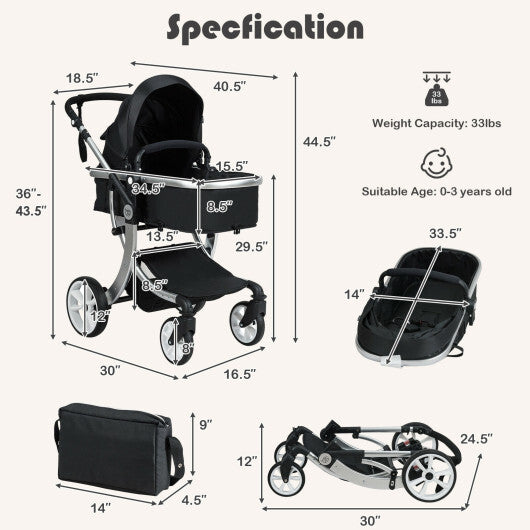 Folding Aluminum Infant Reversible Stroller with Diaper Bag-Black - Color: Black - Minihomy