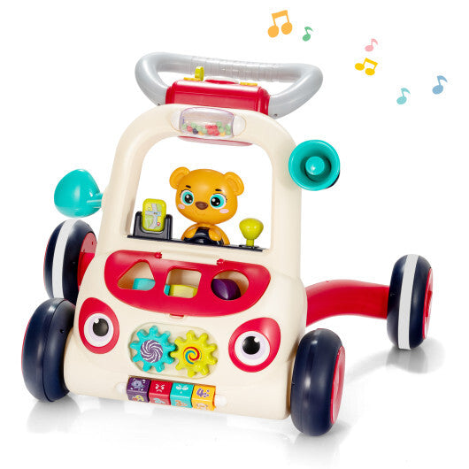 2-in-1 Sit-to-Stand Baby Push Walker with Music and Light - Minihomy