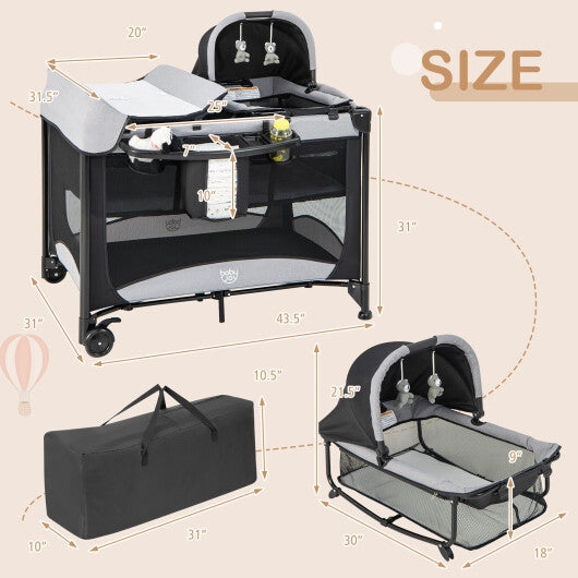 5-in-1 Portable Baby Playard with Cradle and Storage Basket-Black - Color: Black - Minihomy