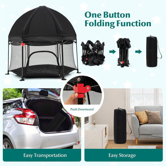 53 Inch Outdoor Baby Playpen with Canopy and Carrying Bag Portable Play Yard Toddlers-Black - Color: Black - Minihomy