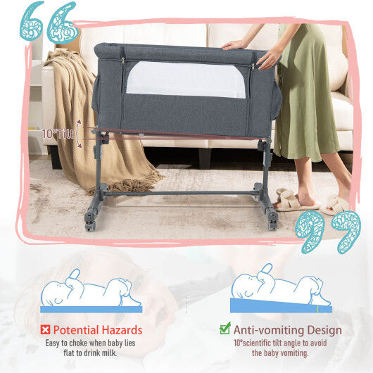 Portable Baby Bedside Bassinet with 5-level Adjustable Heights and Travel Bag-Gray - Color: Gray - Minihomy