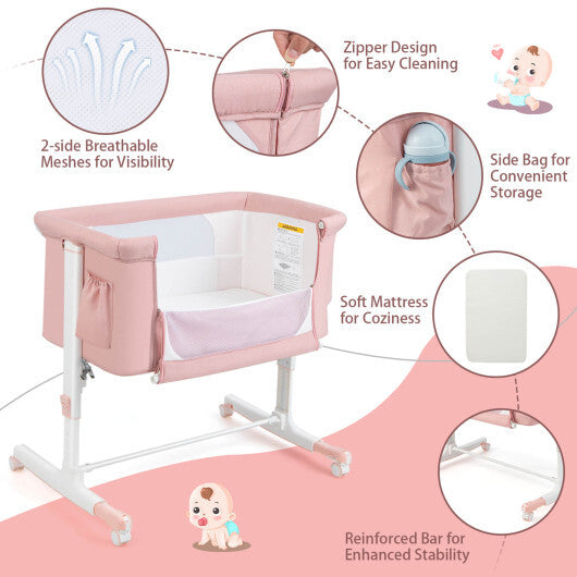 Portable Baby Bedside Bassinet with 5-level Adjustable Heights and Travel Bag-Pink - Color: Pink - Minihomy