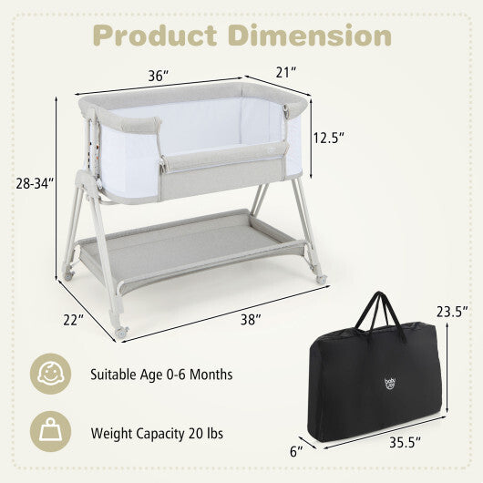 Portable Bedside Sleeper for Baby with 7 Adjustable Heights-Gray - Color: Gray - Minihomy