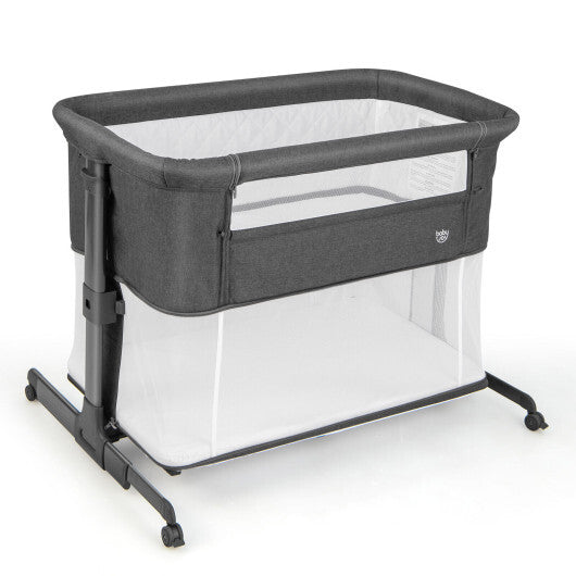 3-in-1 Foldable Baby Bedside Sleeper  with Mattress and 5 Adjustable Heights-Dark Gray - Color: Dark Gray - Minihomy