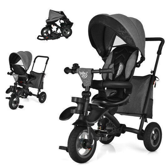 7-In-1 Baby Folding Tricycle Stroller with Rotatable Seat-Gray - Color: Gray - Minihomy