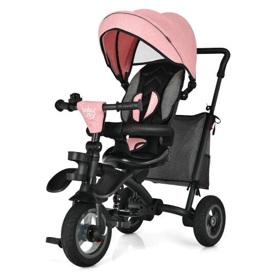 7-In-1 Baby Folding Tricycle Stroller with Rotatable Seat-Pink - Color: Pink - Minihomy