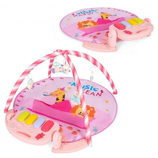 Baby Activity Play Piano Gym Mat with 5 Hanging Sensory Toys-Pink - Color: Pink - Minihomy