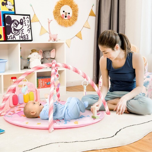 Baby Activity Play Piano Gym Mat with 5 Hanging Sensory Toys-Blue - Minihomy