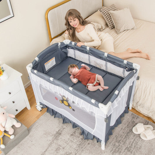 Convertible Bassinet with Removable Changing Table and Detachable Mesh Net-Grey - Color: Gray - Minihomy