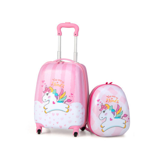 2 Pieces 12 Inch 16 Inch Kids Luggage Set with Backpack and Suitcase for Travel-Lovely Unicorn - Color: Pink - Minihomy