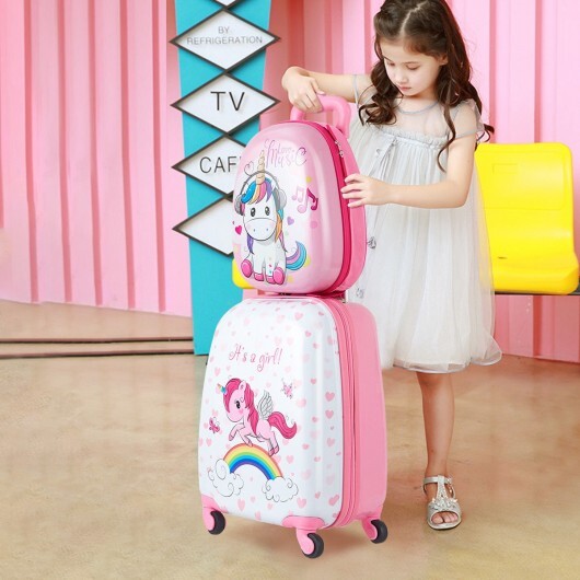 2 Pieces Kids Luggage Set 12 Inch Backpack and 16 Inch Kid Carry on Suitcase with Wheels - Color: Pink - Minihomy