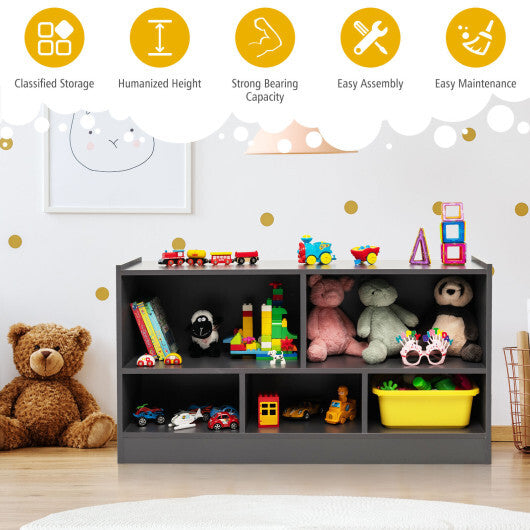 Kids 2-Shelf Bookcase 5-Cube Wood Toy Storage Cabinet Organizer-Gray - Color: Gray - Minihomy