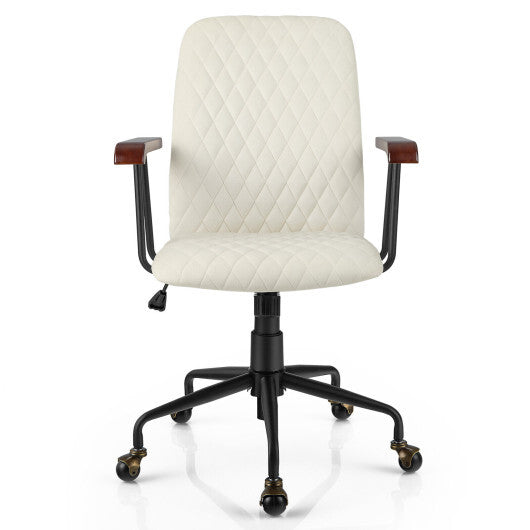 Velvet Home Office Chair with Wooden Armrest-Beige - Color: Beige