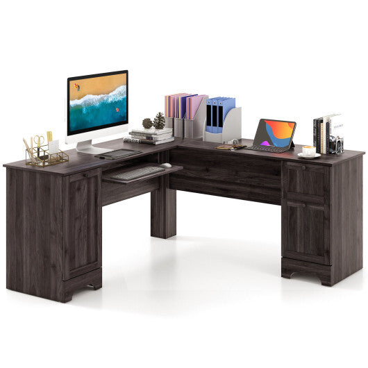 L-Shaped Office Desk with Storage Drawers and Keyboard Tray-Dark Brown - Color: Dark Brown - Minihomy