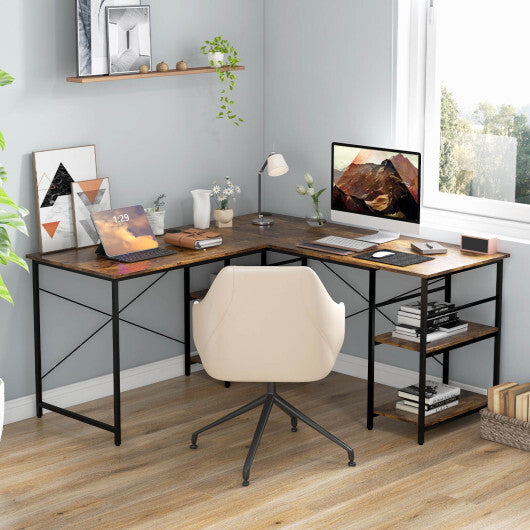 L Shaped Computer Desk with 4 Storage Shelves and Cable Holes-Rustic Brown - Color: Rustic Brown - Minihomy