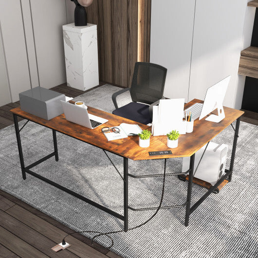 L-Shaped Computer Desk with CPU Stand Power Outlets and USB Ports-Rustic Brown - Color: Rustic Brown - Minihomy