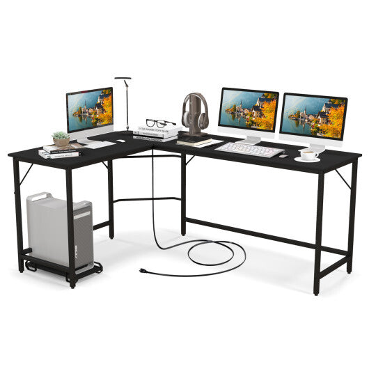 L-Shaped Computer Desk with CPU Stand Power Outlets and USB Ports-Black - Color: Black - Minihomy