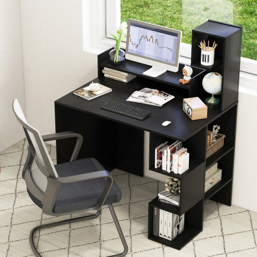 Modern Computer Desk with Storage Bookshelf and Hutch for Home Office-Black - Color: Black - Minihomy