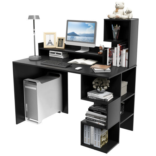 Modern Computer Desk with Storage Bookshelf and Hutch for Home Office-Black - Color: Black - Minihomy