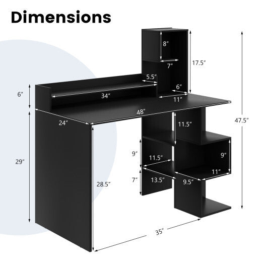 Modern Computer Desk with Storage Bookshelf and Hutch for Home Office-Black - Color: Black - Minihomy