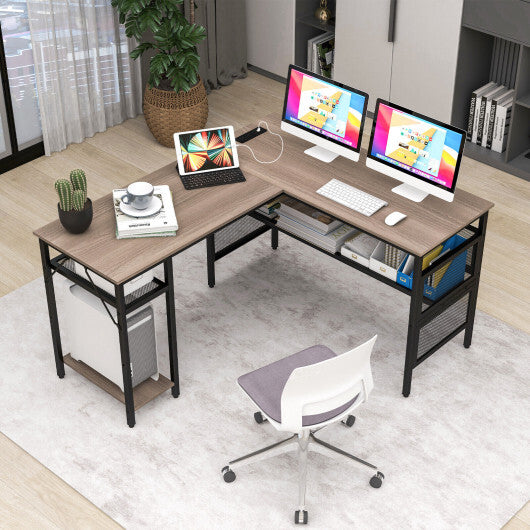 L-Shaped Computer Desk with Charging Station and Adjustable Shelf-Gray - Color: Gray - Minihomy