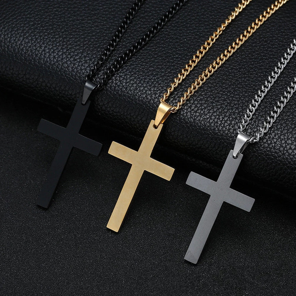 Korean Christian single smooth titanium Cross Necklace Pendant with chain stainless steel men's jewelry - Minihomy