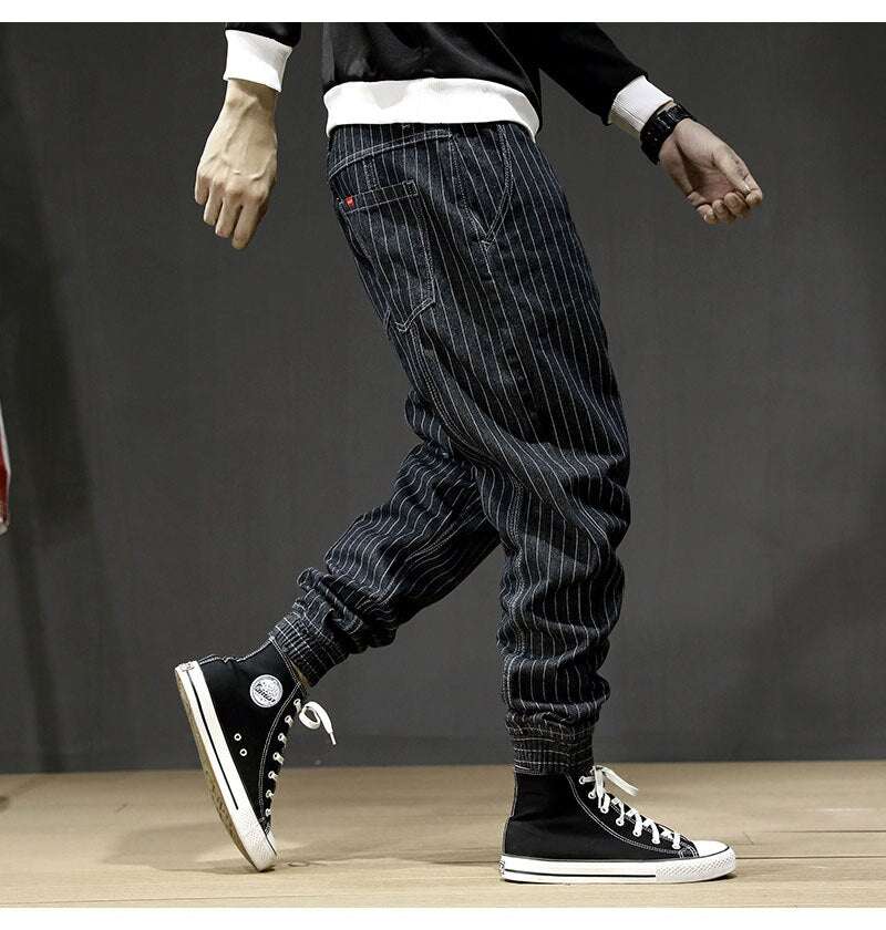 Japanese Style Men Jeans Stripe Designer Casual Denim Cargo Pants Men - Minihomy