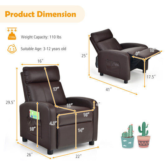 Ergonomic PU Leather Kids Recliner Lounge Sofa for 3-12 Age Group-Brown - Color: Brown - Minihomy