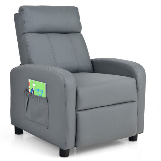 Ergonomic PU Leather Kids Recliner Lounge Sofa for 3-12 Age Group-Gray - Color: Gray - Minihomy