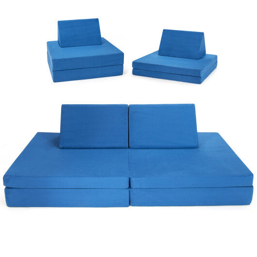 4-Piece Convertible Kids Couch Set with 2 Folding Mats-Blue - Color: Blue - Minihomy