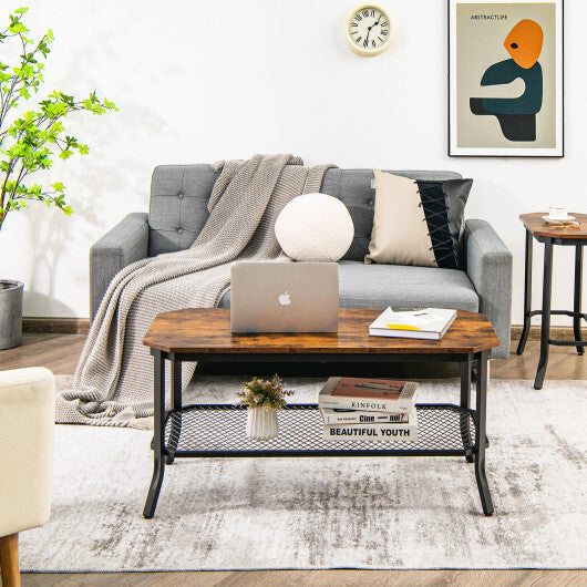 2-Tier Industrial Coffee Table with Open Mesh Storage Shelf for Living Room-Rustic Brown - Minihomy