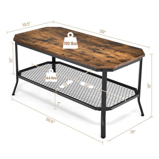 2-Tier Industrial Coffee Table with Open Mesh Storage Shelf for Living Room-Rustic Brown - Minihomy