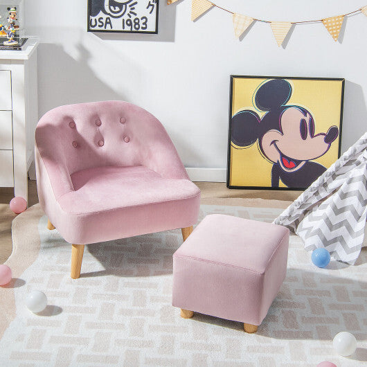 Soft Velvet Upholstered Kids Sofa Chair with Ottoman-Pink - Color: Pink