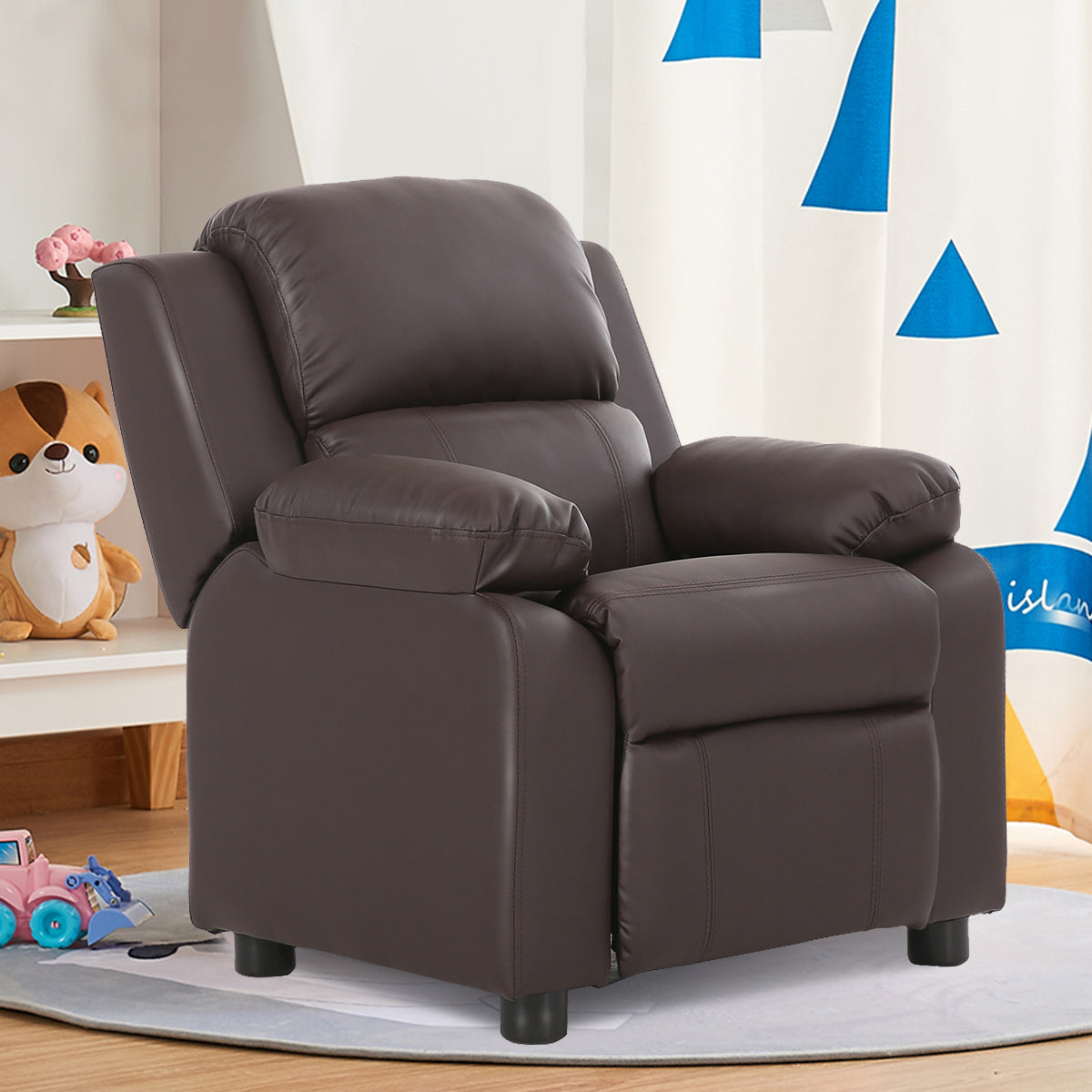 Deluxe Kids Armchair Recliner Headrest Sofa w/ Storage Arms-Brown - Color: Brown - Minihomy