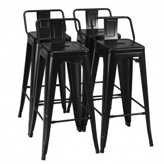 30 Inch Set of 4 Metal Counter Height Barstools with Low Back and Rubber Feet-Black - Minihomy