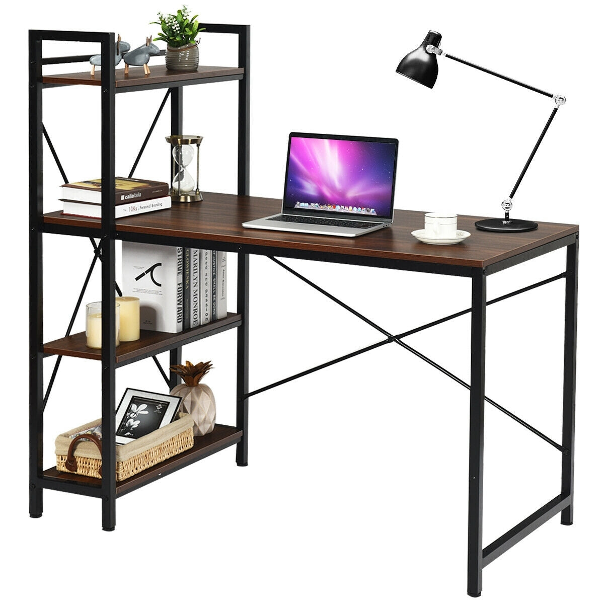 47.5 Inch Writing Study Computer Desk with 4-Tier Shelves-Tan - Color: Tan - Minihomy