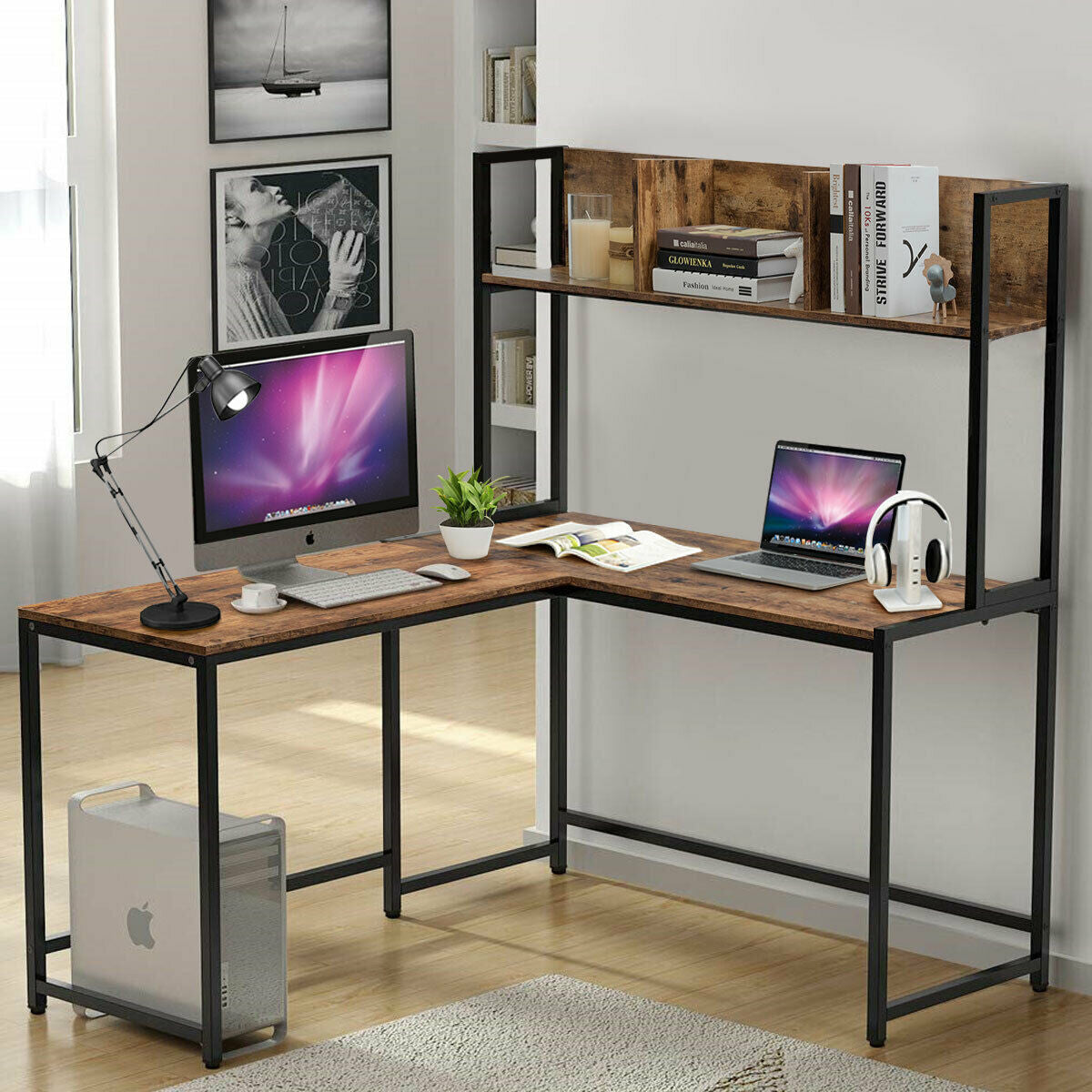 Reversible L-Shaped Corner Desk with Storage Bookshelf-Brown - Color: Brown