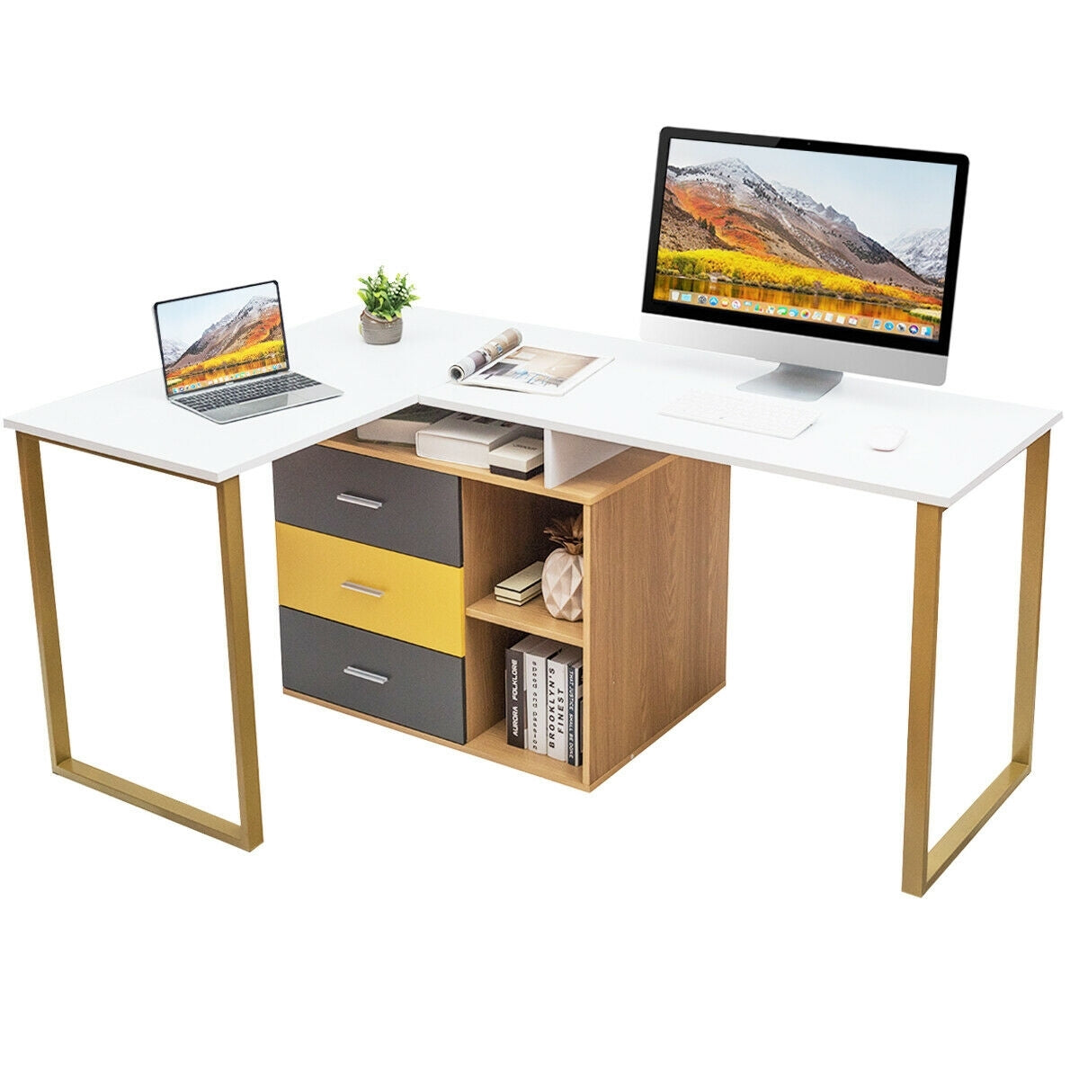 87 Inch 2 Person Adjustable L-Shaped Computer Desk - Color: Golden - Minihomy