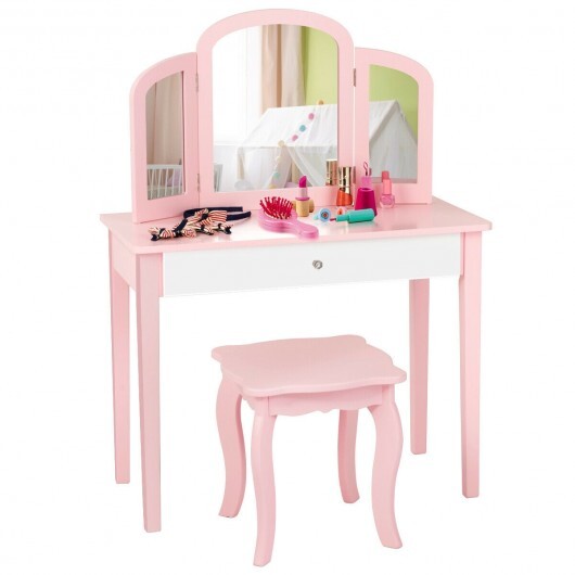 Kids Princess Make Up Dressing Table with Tri-folding Mirror and Chair-Pink - Minihomy