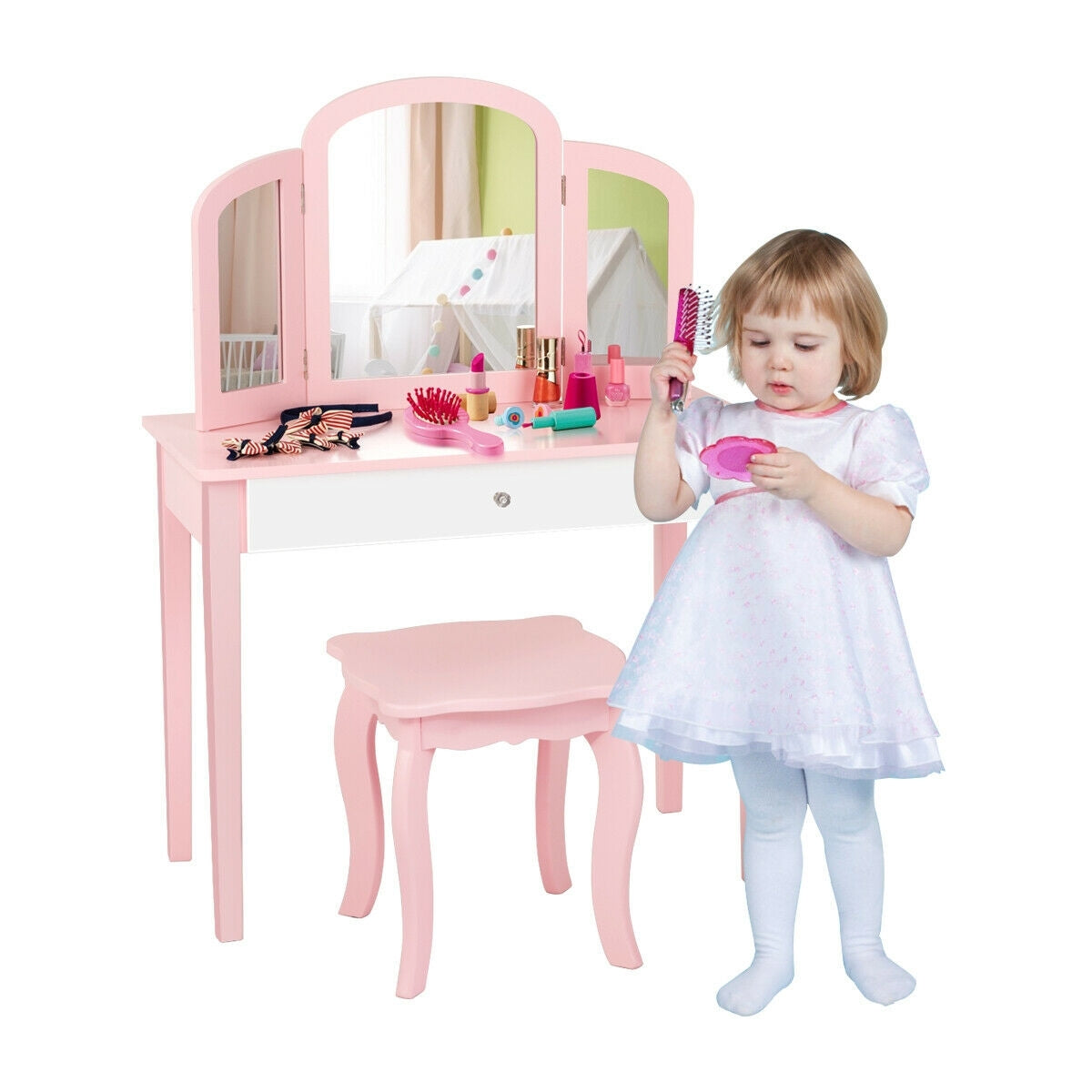 Kids Princess Make Up Dressing Table with Tri-folding Mirror and Chair-Pink - Color: Pink - Minihomy