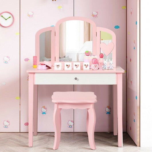 Kids Princess Make Up Dressing Table with Tri-folding Mirror and Chair-Pink - Minihomy