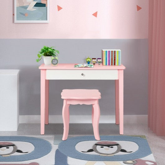 Kids Princess Make Up Dressing Table with Tri-folding Mirror and Chair-Pink - Minihomy