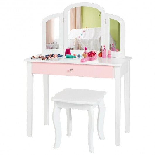 Kids Princess Make Up Dressing Table with Tri-folding Mirror and Chair-Pink - Minihomy