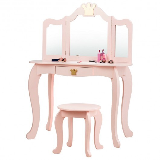 Kids Makeup Dressing Table with Tri-folding Mirror and Stool-Pink - Minihomy