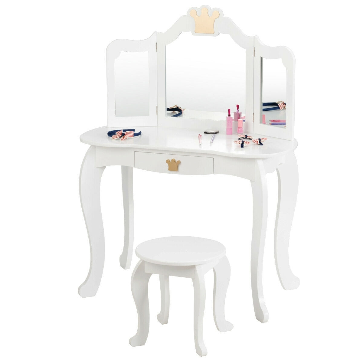 Kids Makeup Dressing Table with Tri-folding Mirror and Stool-White - Color: White - Minihomy