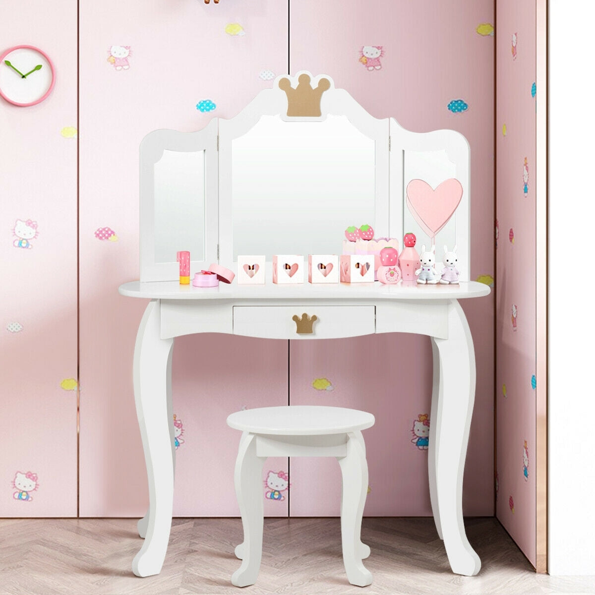 Kids Makeup Dressing Table with Tri-folding Mirror and Stool-White - Color: White - Minihomy