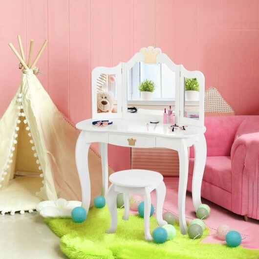 Kids Makeup Dressing Table with Tri-folding Mirror and Stool-Pink - Minihomy