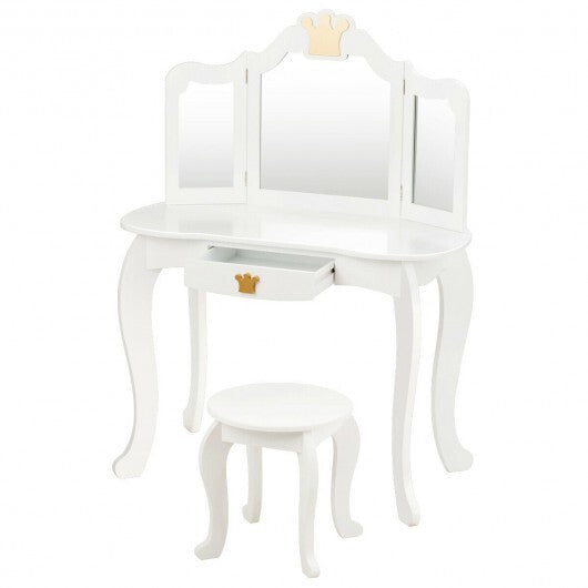 Kids Makeup Dressing Table with Tri-folding Mirror and Stool-Pink - Minihomy